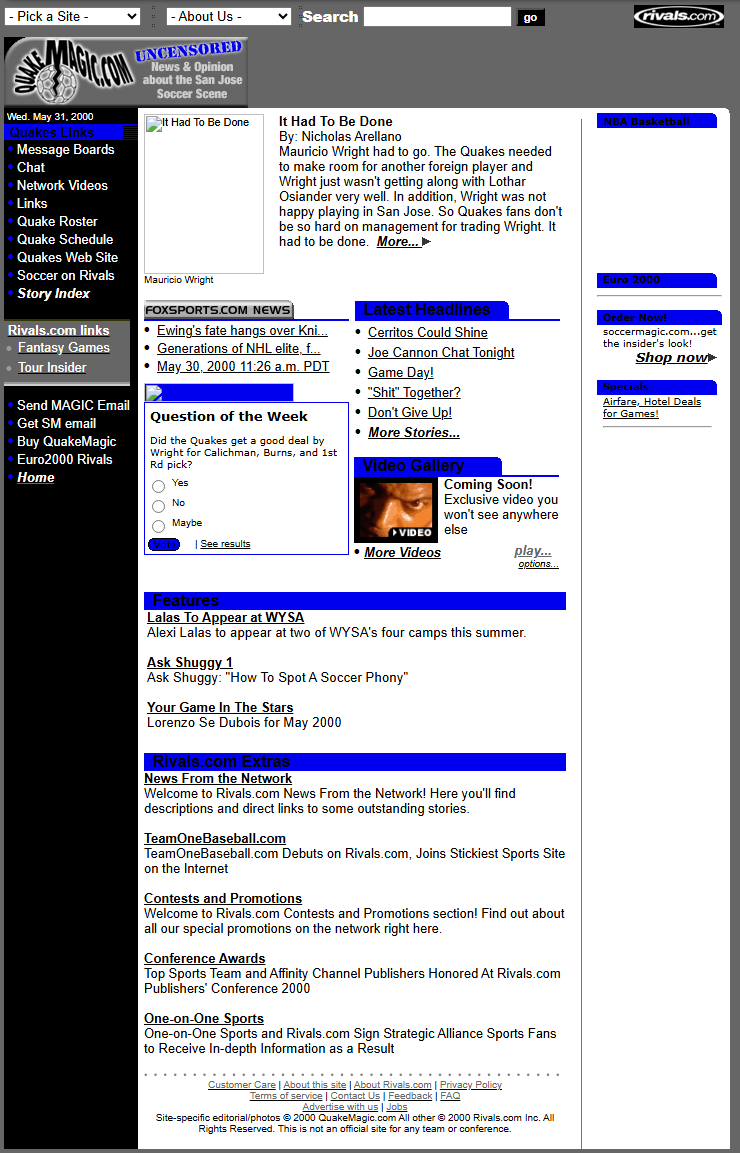 Archived QuakeMagic.com homepage from May 31, 2000